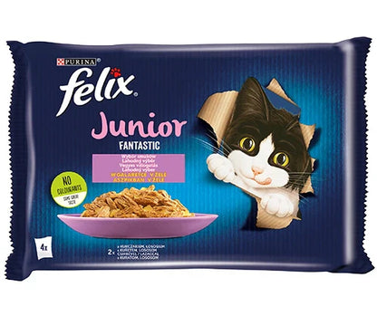 FELIX Fantastic Junior i gelé med kyckling och lax 4x85g