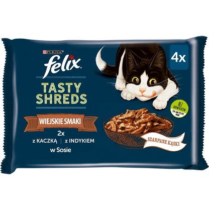 FELIX Tasty Shreds våtfoder för katt med anka och kalkon i sås 4x80g