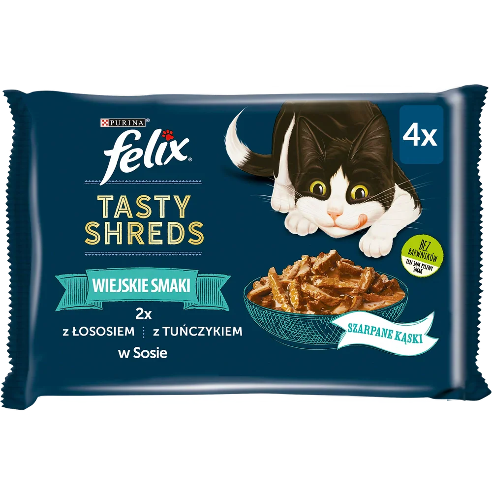 FELIX Tasty Shreds våtfoder för katt med lax och tonfisk i sås 4x80g